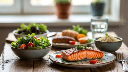 Balanced meal of grilled salmon, green salad, and quinoa served on a