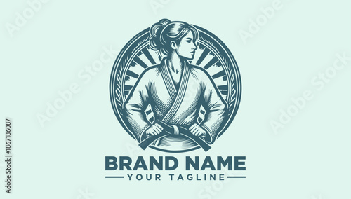A blue-toned vector illustration of a woman in a kimono within a circular emblem, accompanied by a brand name and tagline on a light green background.