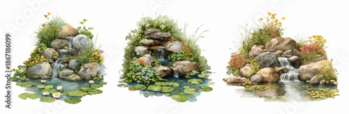 Three individual watercolor paintings showcasing serene garden ponds and waterfalls adorned with natural stones, vibrant green foliage, and blooming flowers, showcasing tranquil outdoor landscapes