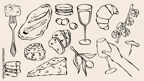 French food sketch set isolated on background. Vector illustration of doodle cheese, wine glass, fresh baked bread, croissant and dessert, tomatoes and olives, vintage icons for restaurant menu design