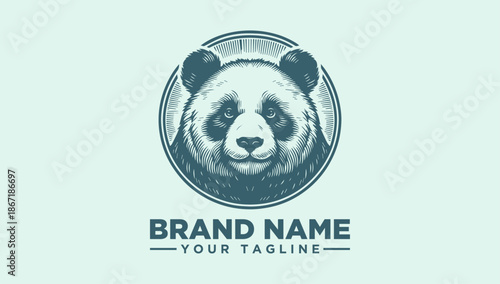 A panda head logo illustration with a circular background and placeholder text for a brand name and tagline on a light green background.