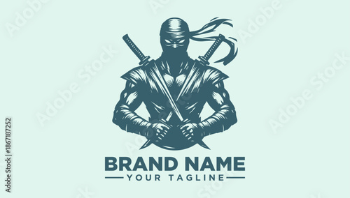 Dark green vector illustration of a ninja with crossed swords and an axe on a light green background with a brand name and tagline placeholder.