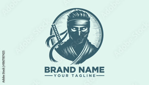 A blue vector illustration of a ninja's head with a sword, set in a circular logo with a placeholder brand name and tagline on a light green background.