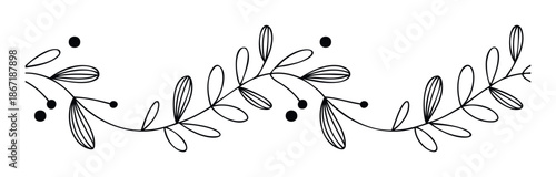 Minimalist hand drawn floral vine border with simple leaves and berries creating an elegant organic divider for wedding invitations or decorative print materials