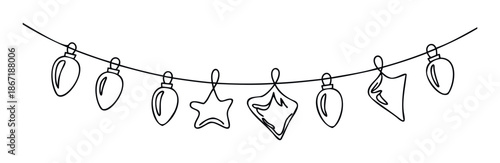 Minimalist continuous line art drawing of a festive string with Christmas lights and diverse holiday ornaments, ideal for seasonal greetings, winter event invitations, and decorative