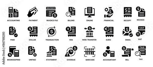 Invoice icon set. Containing receipt, bill, tax, paid, statement, accounting, transaction, barcode, financial and more. Solid vector icons collection.