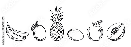 Delicious tropical and common fruits lined up in a charming handdrawn doodle style, perfect for food industry branding, educational resources, or healthy lifestyle promotions.
