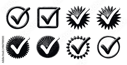 Collection of textured grunge checkmark symbols in various shapes including circles, squares, and starbursts, ideal for quality assurance, approval, and verification purposes in user