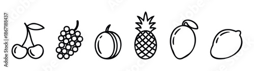 Collection of various fruit icons including cherry grapes apricot pineapple mango and lemon perfect for healthy food branding menus and grocery store promotions