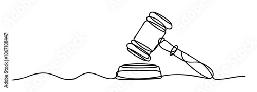 Minimalist continuous line drawing of a judicial gavel striking its sound block, perfect for legal, justice, or auction related corporate and educational presentations.