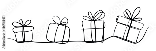 Hand drawn continuous line of increasing size gift boxes with ribbon bows representing celebrations and holidays perfect for greeting festive season marketing.