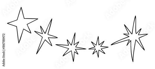 A collection of whimsical star outlines and sparkle shapes arranged in a flowing curve, perfect for celebratory graphics, event invitations, and festive embellishments.