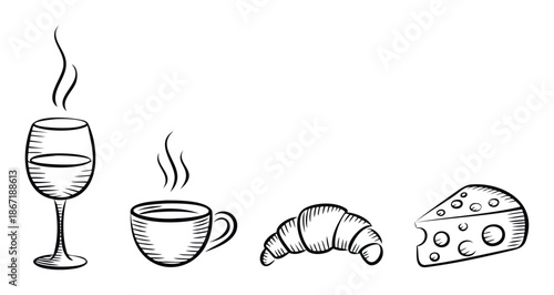 Hand drawn outline drawing of a wine glass, hot coffee cup, delicious croissant, and a slice of cheese, perfect for restaurant menus, cafe advertisements, or food related blog posts