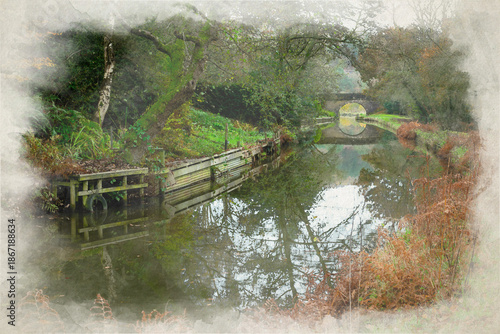 Bridge 5 digital watercolour painting on the Leek branch of the Caldon canal inland waterway near Cheddleton.