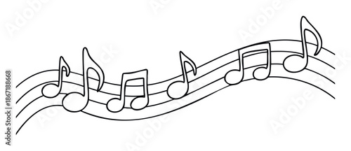A fluid musical composition with eight outlined notes floating on a curved staff, perfect for music education, event promotions, or inspiring artistic projects and lyrical themes