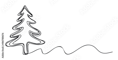 Modern minimalist continuous line drawing of a stylized Christmas tree extending into a wavy horizontal line, perfect for holiday greetings, winter invitations, seasonal decorations, or