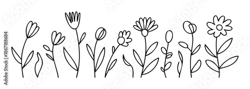 Simple doodle flowers and plants arranged in a horizontal row with a minimalist hand drawn style perfect for springtime greeting cards social media posts and educational materials