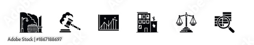 Collection of essential black glyph icons representing business and legal concepts, urban management, financial data analysis, and justice, ideal for professional presentations, educational