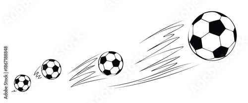 Dynamic black and white soccer balls moving with speed, perfect for sports event graphics, athletic activity promotions, or game animation.