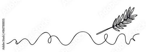 A flowing continuous line transforming into a stylized organic branch with delicate leaves, perfect for creating tranquil natural border accents or subtle decorative page separators.