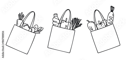 Simple black line illustrations featuring full shopping bags with various fresh fruits, vegetables, and pantry staples, perfect for depicting healthy lifestyle choices and sustainable