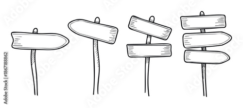 Hand drawn blank wooden signposts in various shapes for message display, directional information, or announcement boards