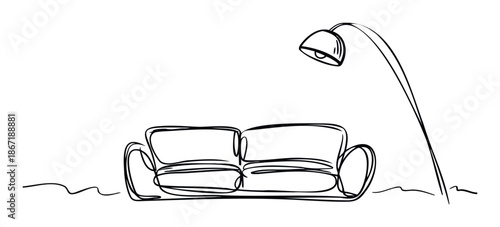 Minimalist line drawing of a comfortable twoseater sofa and a modern floor lamp, perfect for conveying simple home decor concepts and cozy living space ideas.