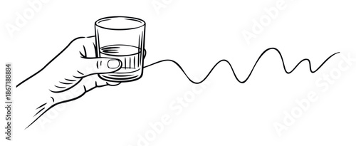 Outline drawing of a trembling hand holding a beverage glass from which a wavy line extends, perfect for illustrating health issues or impaired coordination.