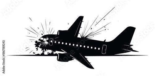 Black silhouette of a commercial airplane experiencing a dramatic explosion or crash at the nose, suitable for illustrating aviation disaster news or emergency situations.