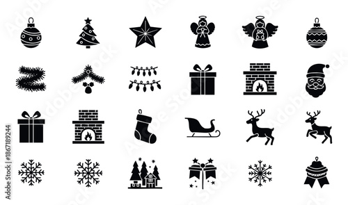 Collection of Christmas and winter holiday silhouette icons featuring festive ornaments, trees, gifts, angels, and snowflakes, perfect for seasonal graphics and decorative projects.