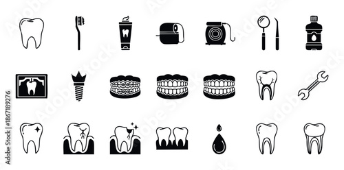 Comprehensive collection of dentistry and oral hygiene icons depicting various tools, treatments, and healthy or problematic teeth for health education materials and dental clinic promotion