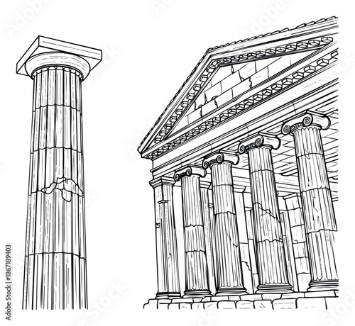 Detailed outline drawing of ancient classical architecture including a majestic temple portico with Ionic columns and a separate Doric column, perfect for educational materials or
