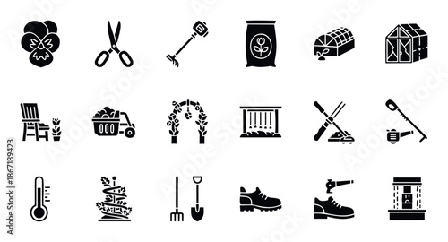 A comprehensive collection of gardening and horticulture black glyph icons representing various tools, plants, and structures, ideal for agricultural, home garden, or outdoor lifestyle