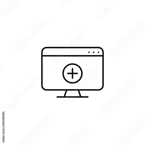 New task, screen add, app install, workspace update. Plus on computer screen. Pixel perfect, editable stroke vector icon