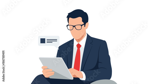 Flat design illustration of a businessman in a dark suit and red tie, focused on a tablet, with a message icon nearby