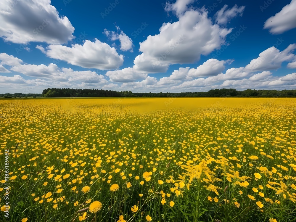 Fototapeta premium 黄色の花畑、青空と白い雲のコントラスト