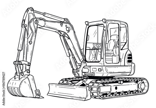 Heavy machinery excavator line drawing for construction site planning and educational materials for childrens books and learning resources