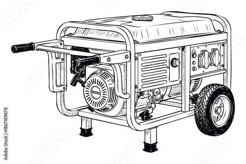 A black and white line drawing of a portable power generator, perfect for depicting emergency energy solutions, offgrid power, and outdoor equipment needs.