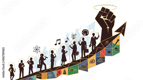 A diverse group of business professionals ascending a colorful staircase with various icons representing different fields and industries symbolizing growth and success