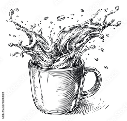 Dynamic coffee splash bursting from a classic mug with floating beans depicted in an engraved style, perfect for vibrant cafe branding, menu designs, and energizing beverage advertisements.