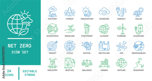 Net Zero Sustainability Line Icons. Including carbon neutrality, renewable energy, ESG, and ecology symbols. Editable vector for environmental reports and green technology apps