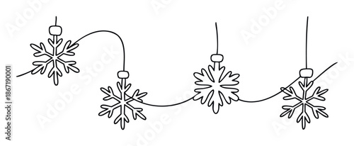 Simple line drawing of a charming snowflake string garland perfect for winter holiday celebrations, festive greeting decorations, or seasonal party invitations.