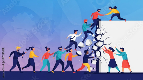 Diverse group of people working together to climb a large white cliff with broken pieces and help each other up a steep rocky slope with a gradient purple and blue