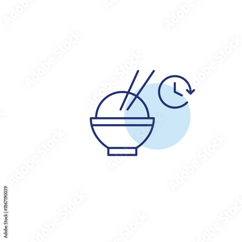 Bowl of rice, chopsticks clock. Food scheduled delivery and meal pick-up on time. Takeaway Asian cuisine. Pixel perfect, editable stroke vector icon