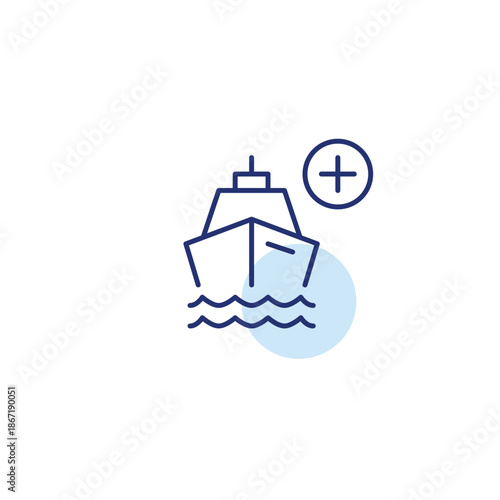 Booking add, trip update, cruise plan upgrade. Ship and plus. Pixel perfect, editable stroke vector icon