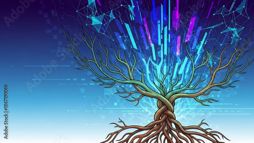 Vibrant digital tree with glowing blue and purple lights emanating from its branches against a gradient background with glowing lights and stylized illustration