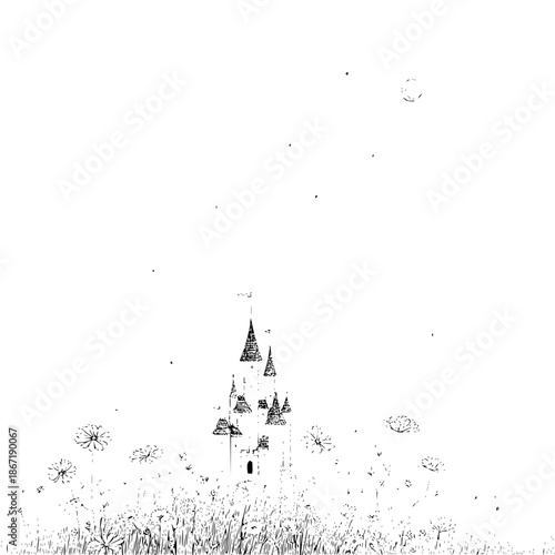 Black and White Castle with Dandelions in Foreground Isolated on White