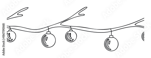 Simple line drawing of a decorative tree branch adorned with hanging round ornaments, perfect for holiday greetings, party invitations, or festive season promotions.