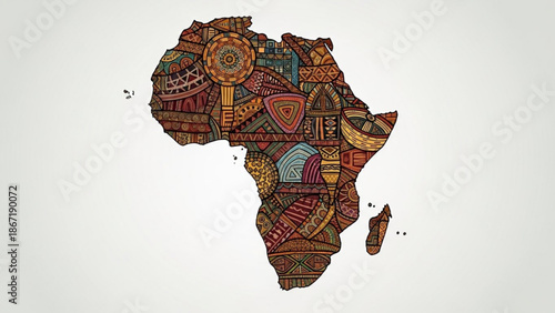 Vibrant african continent map with colorful tribal patterns and designs on white background with illustration and ethnic and stylized and cultural