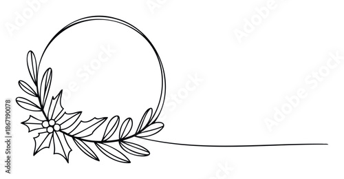 Elegant minimalist line drawing featuring a festive circular holly frame and a delicate horizontal divider, perfect for holiday greetings, winter invitations, or seasonal branding